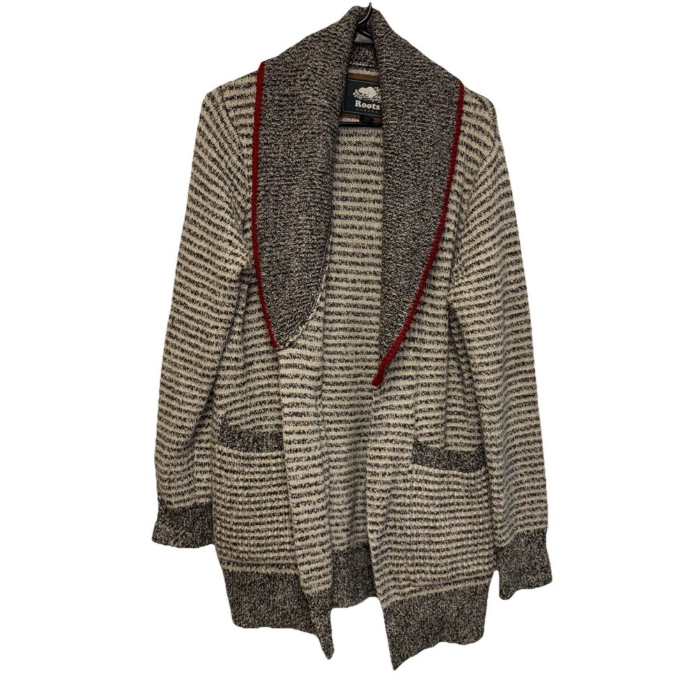 Roots Women Cardigan M Wool Blend Long Cabin Sweater Pockets Striped